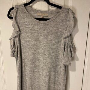 gray, sweater, flutter-sleeve, cold shoulder tee